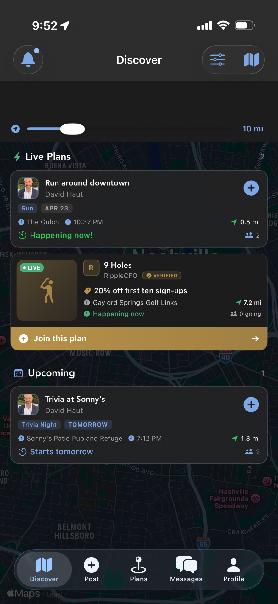 Loqal Discover screen showing nearby plans on a map